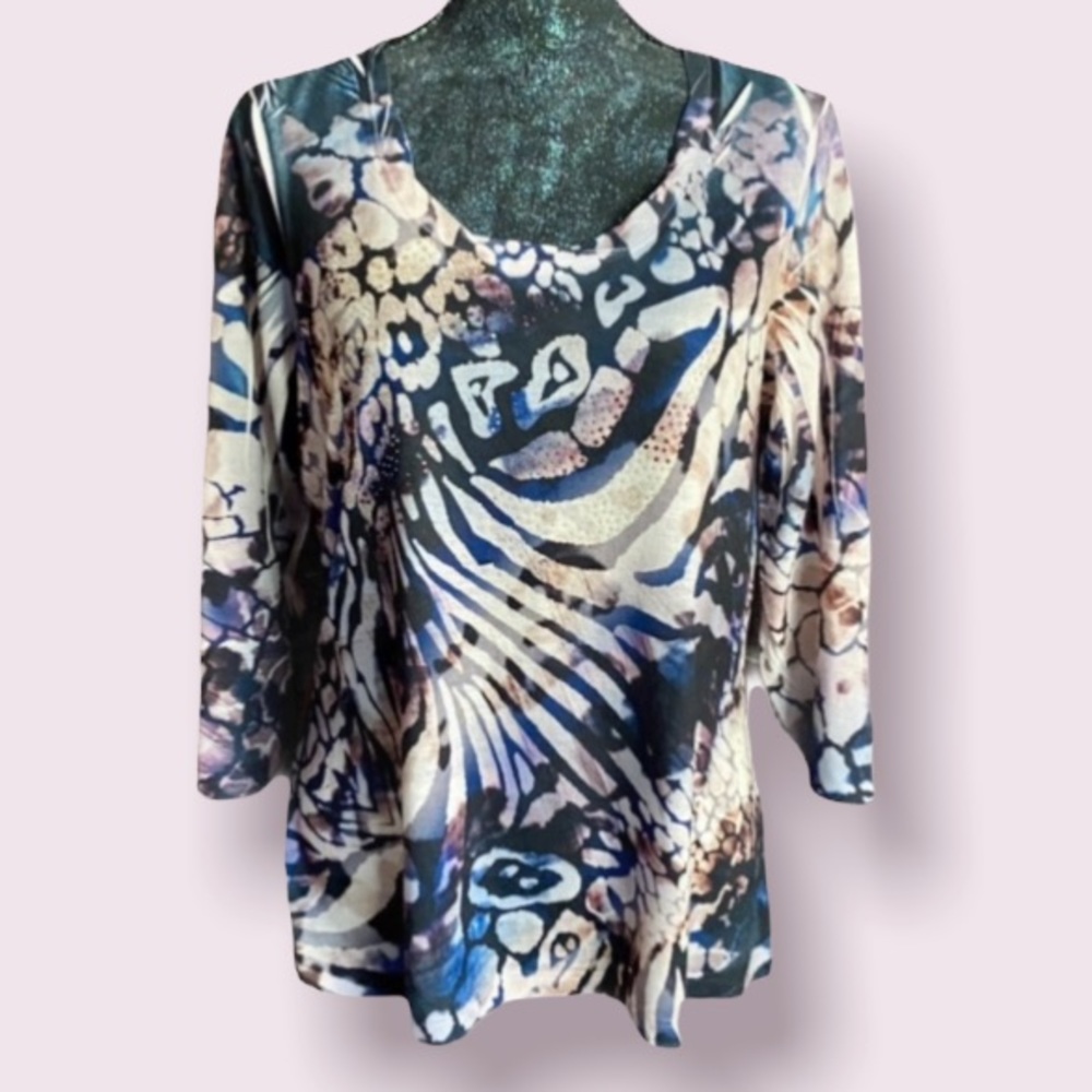 Chico’s Blue & Tan Tie Dye Embellished Shirt